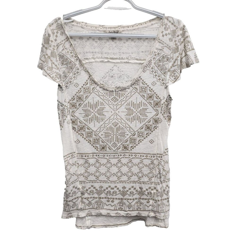 Lucky Brand Women BOHO Cottagecore Top Medium Printed‎ Linen Blend Short Sleeve